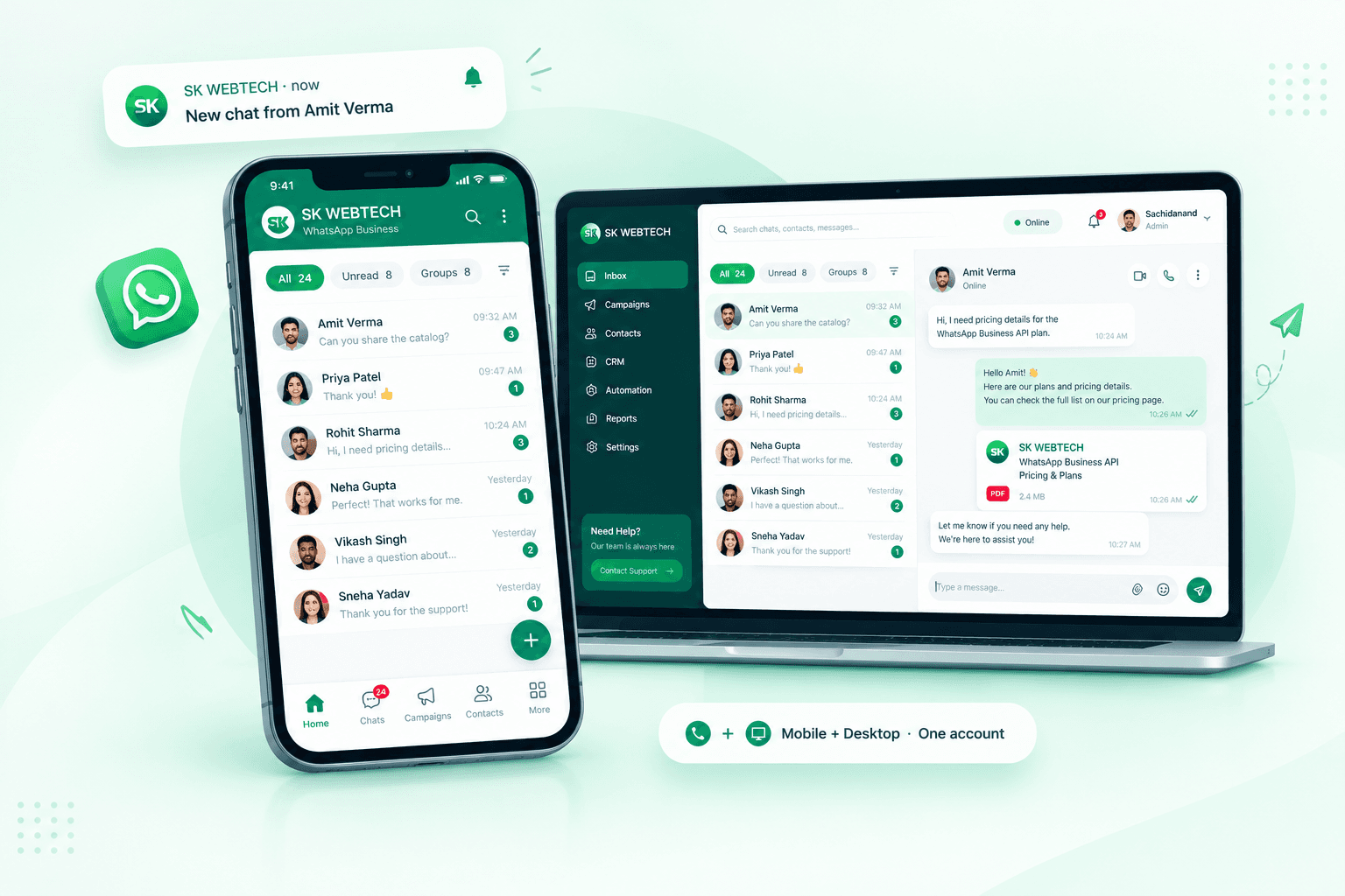 SK WEBTECH on a phone and a laptop — one account on mobile and desktop